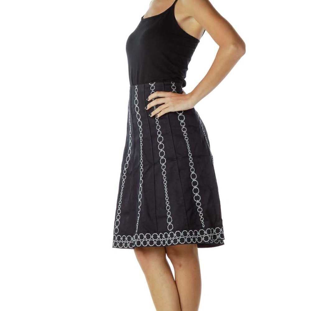 Ann Taylor Navy Silver Embroidered A-Line Skirt - Picture 2 of 3